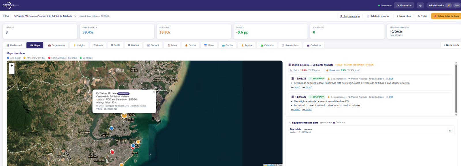 Plataforma Gestion de gestão de obras — mapa de obras, curva S e diário de obra via WhatsApp